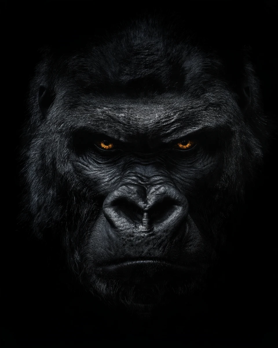 Gorilla emerging from darkness with amber eyes